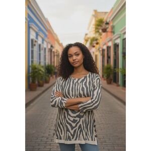 Chicos Zebra Print Side Button Detail 3/4 Sleeve‎ Pullover Sweater Womens